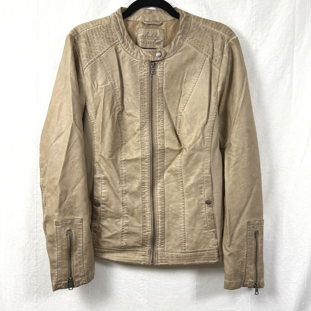 Selby Collection Jacket Womens Sz XL Cream Faux Leather Distressed Stretch Moto